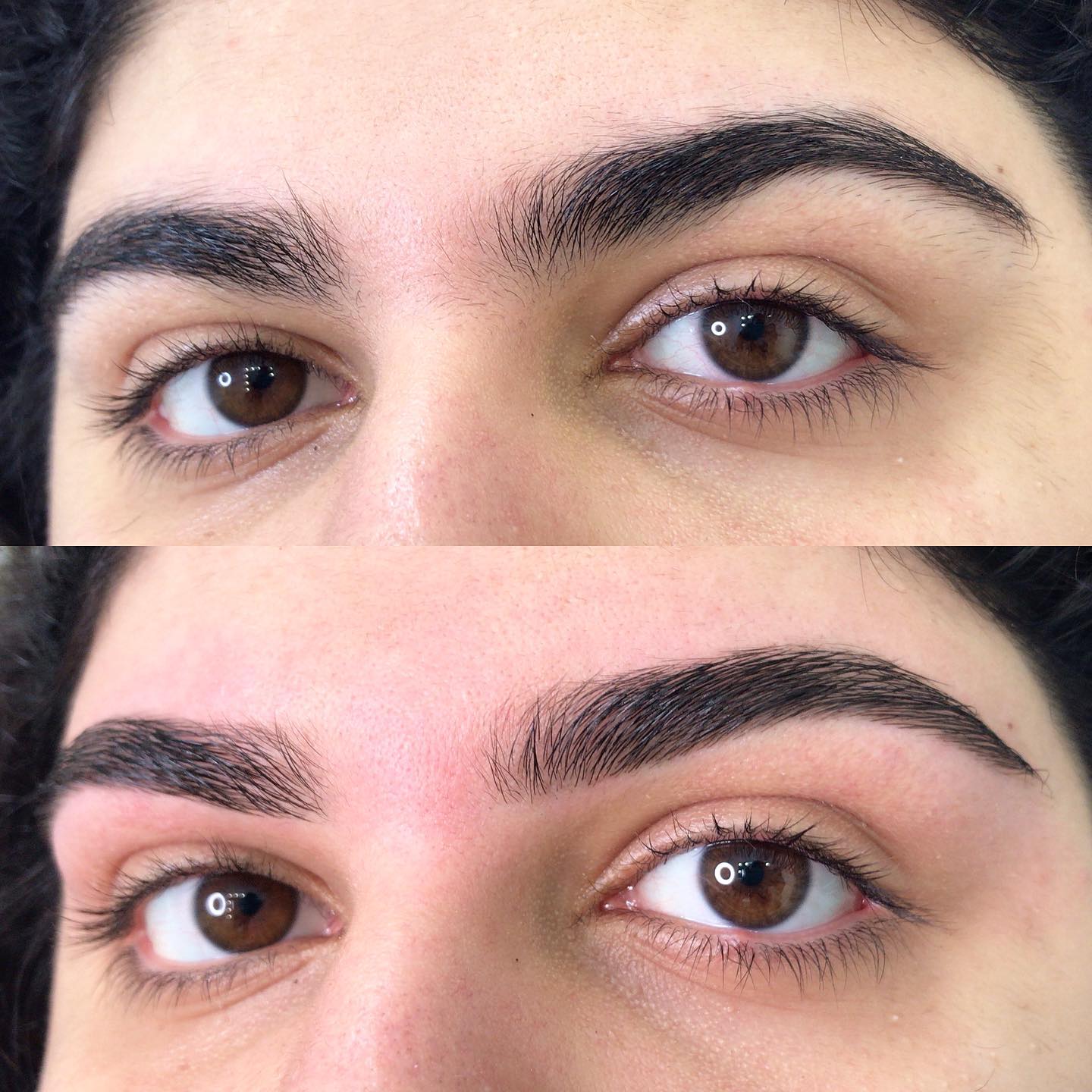 In the photo, the eyebrow correction was done without tinting. The brows are quite thick and dark, and they grow back quickly, making it tiring to pluck them yourself, resulting in uneven brows. 

The shape was corrected with tweezers and wax in about an hour, and the hairs were styled using a clear gel.

Correction WITHOUT tinting is perfect for you if: ❄️ you have thick brows  
❄️ you love a natural look  
❄️ you're worried about ending up with the wrong color  
❄️ your brows grow back faster than every 3-4 weeks (the safe frequency for tinting without allergy risk) in Sand Diego, CA